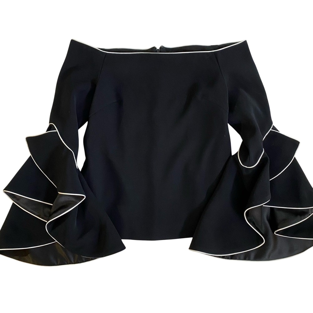 nha khanh Women's Flounce‎ Bell Sleeve Blouse Size 2 Off the Shoulder Zip Up